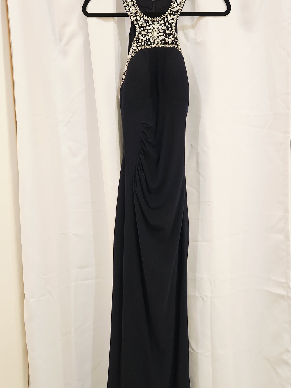 Xscape Blue Evening Gown with Silver Beaded Halter